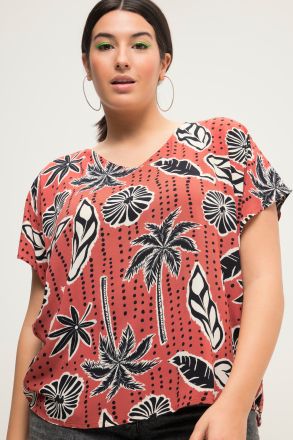 Blouse shirt, oversized, palm print, V-neck