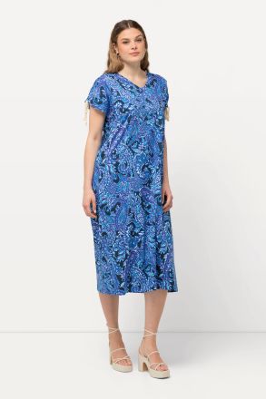 Print V-Neck Cap Sleeve Cotton Jersey Dress