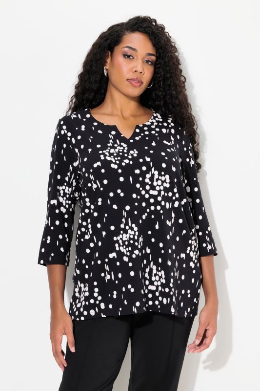 Polka Dot 3/4 Sleeve Split Neck Tee