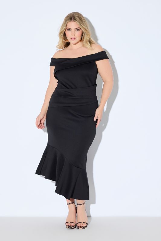 Off The Shoulder Asymmetrical Scuba Knit Dress