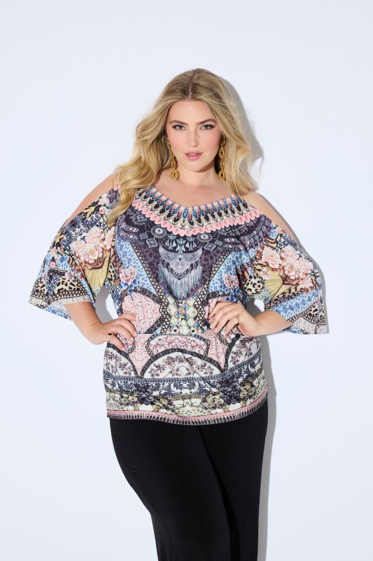 Patchwork Print Cold Shoulder Blouse