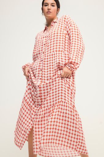 Maxi dress, A-line, tie print, shirt collar, long sleeve