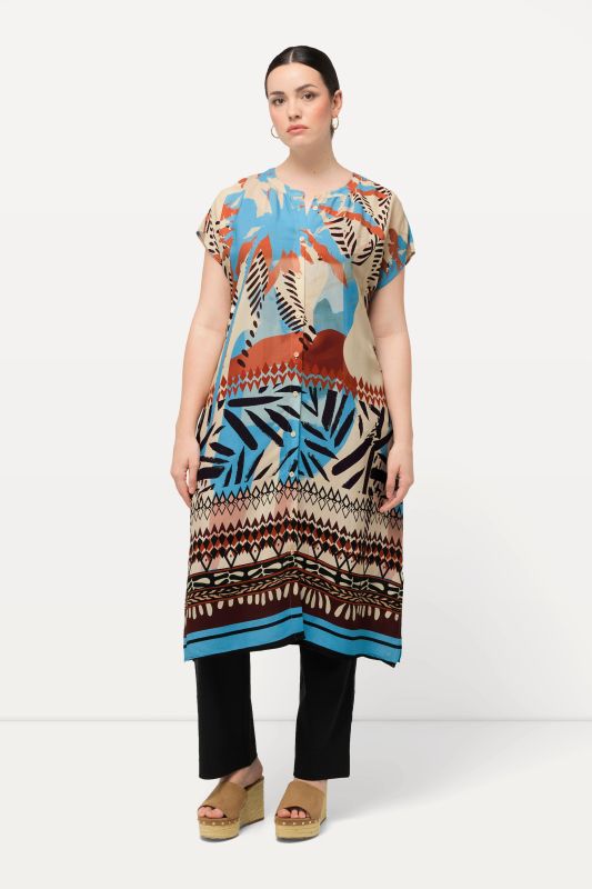 Abstract Mixed Print Cap Sleeve Tunic Dress