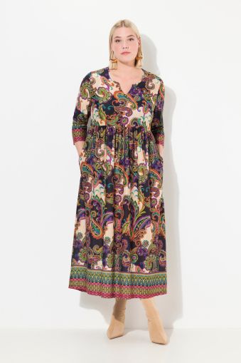 Notch Neck Empire Print Border Knit Dress