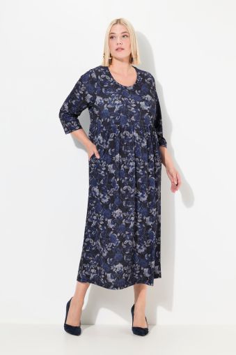 Matte Jersey Blue Floral Print Round Neck Empire Dress