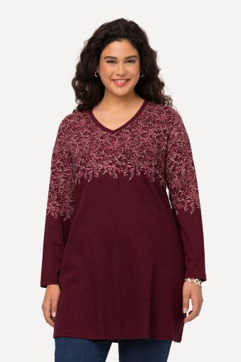 V-Neck Placement Print Long Sleeve A-line Knit Tunic