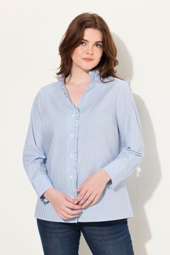 Pinstripe Ruffle Trim Button Down Shirt