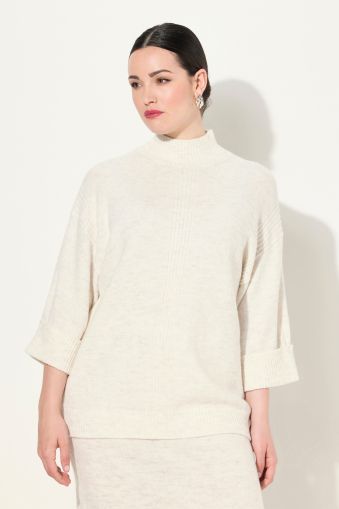 Ribbed Panel 3/4 Sleeve Turtleneck Sweater