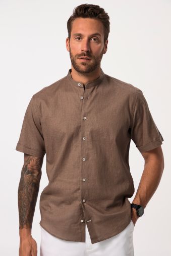 Shirt, short-sleeved, linen blend, stand-up collar, modern fit