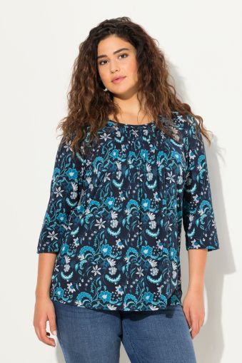 Pleated Floral 3/4 Sleeve A-Line Tee