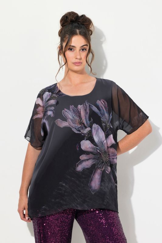 Rhinestone Floral Chiffon Layer Round Neck Lined Blouse