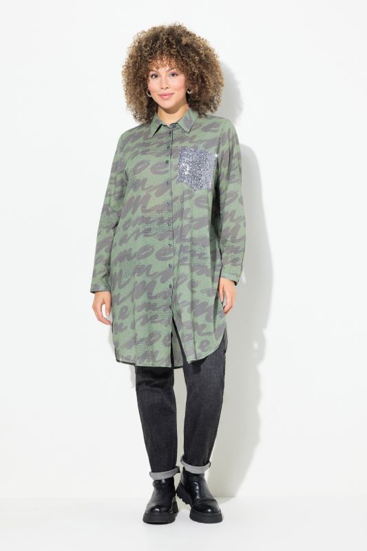 Scribble Print Button-Down Tunic Shirt