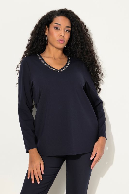 Rhinestone Neckline Long Sleeve V-Neck tee