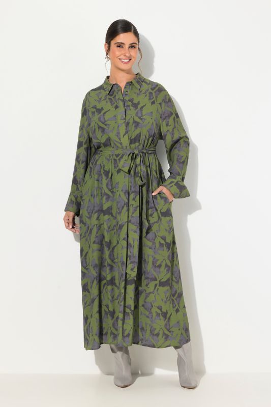 Leaf Print Tie Waist Long Sleeve Dress