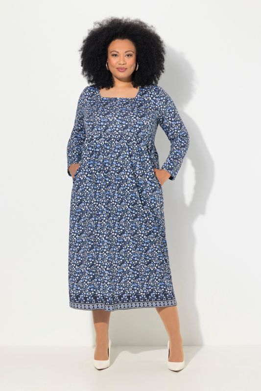 Floral Square Neck Long Sleeve Matte Jersey Dress