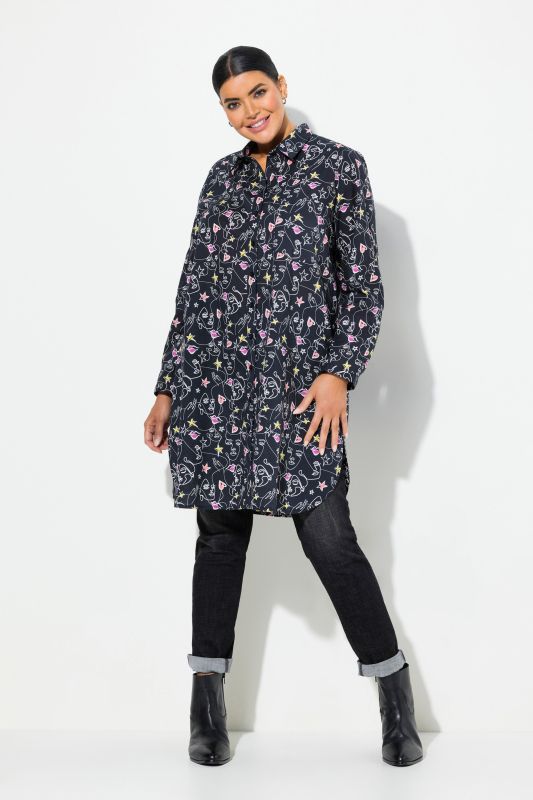 Scribble Print Button-Down Shirt Dress