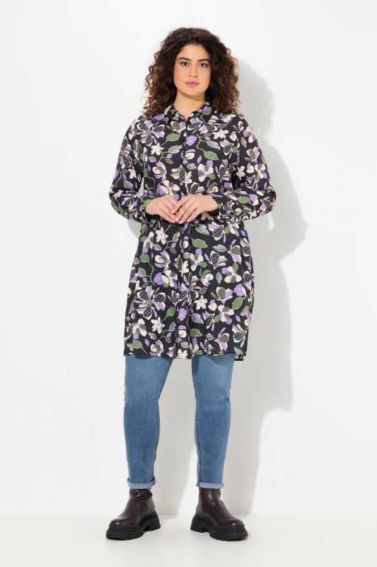 Floral Button-Down Long Sleeve Tunic Dress