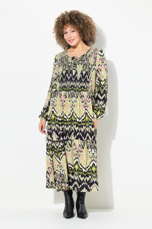 Ethno Print Smocked Long Sleeve Dress