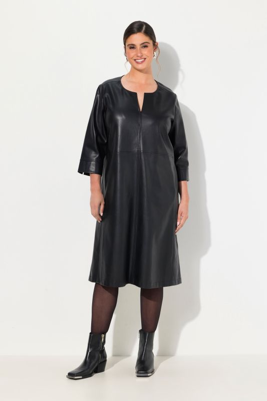 Faux Leather Split Neck 3/4 Sleeve Dress