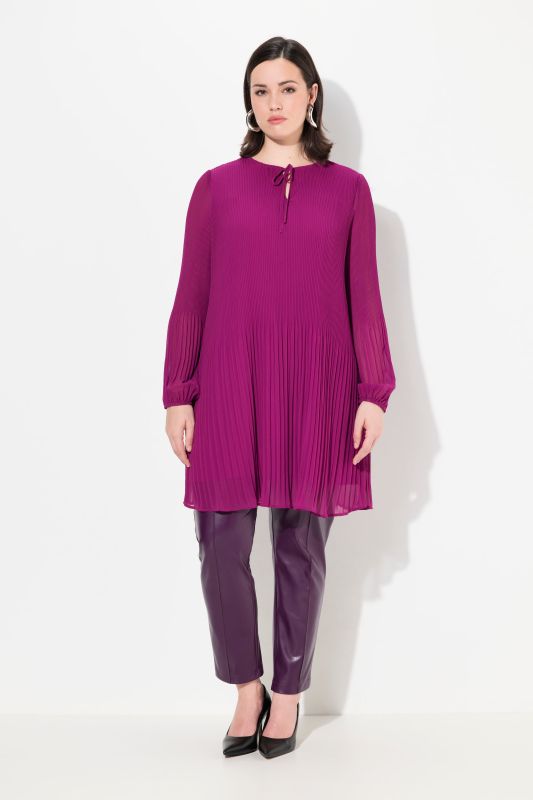 Pleated A-Line Long Sleeve Tunic Blouse