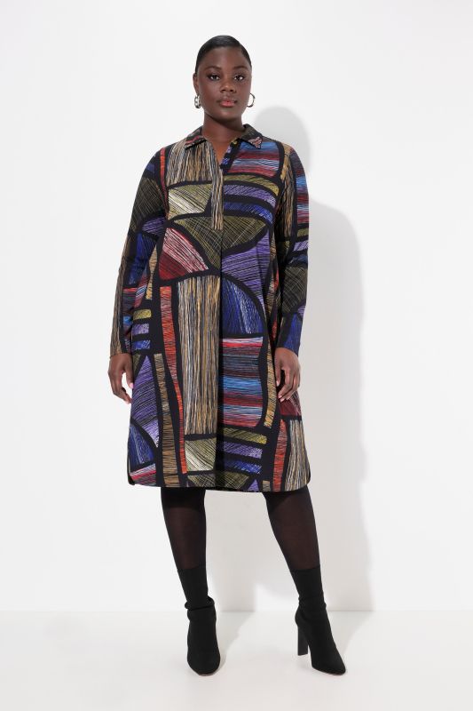 Graphic Print Long Sleeve Collared Punto di Roma Dress