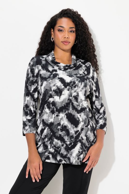 Pixel Print Cowl Neck 3/4 Sleeve Tee