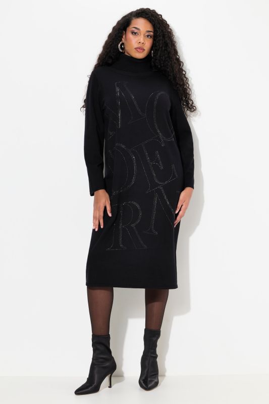 Rhinestone Lettering Knit Turtleneck Dress