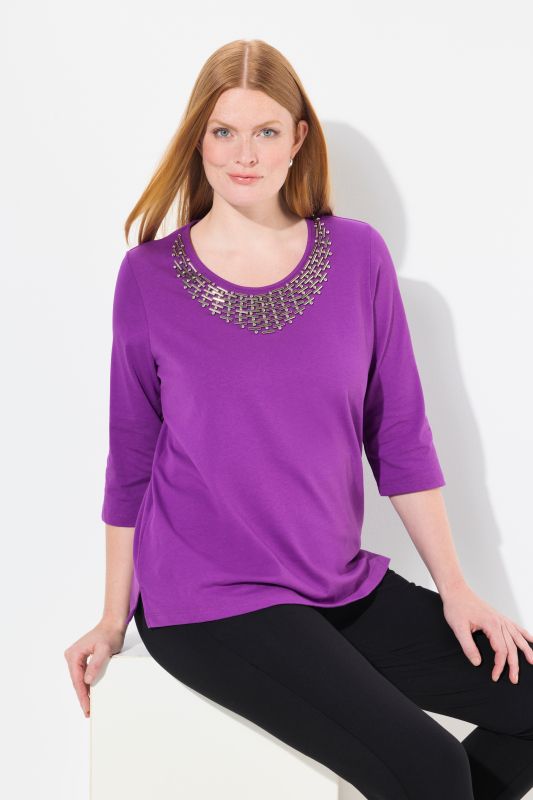 Beaded Neckline 3/4 Sleeve Tee