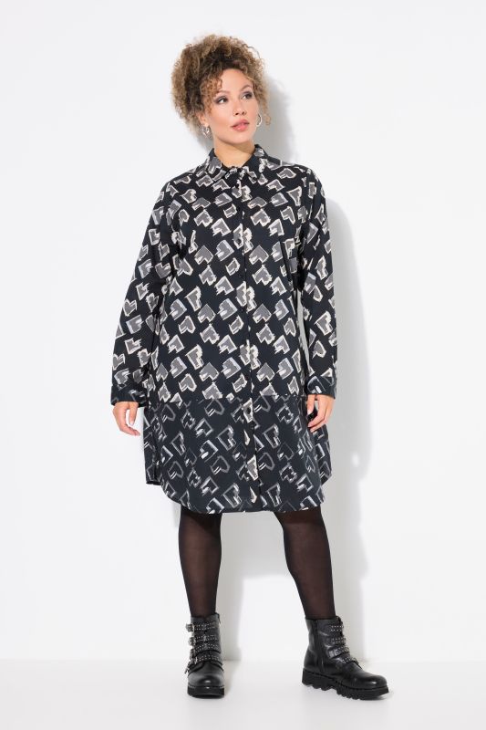 Abstract Heart Print Long Sleeve Shirt Dress