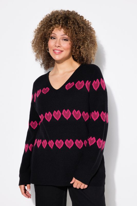 Heart Print Long Sleeve V-Neck Sweater