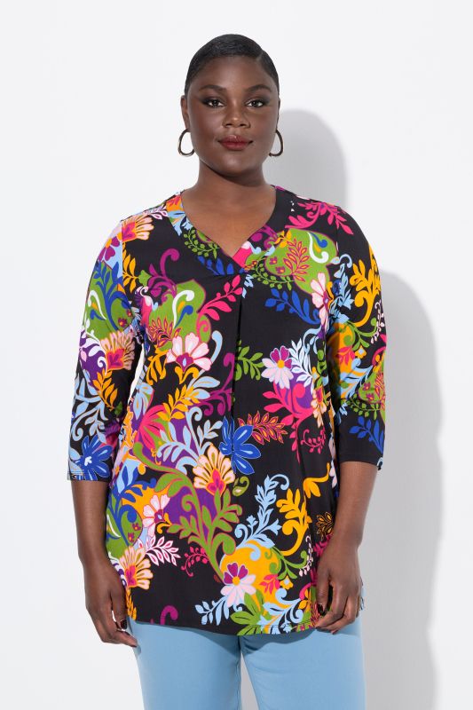 Colorful Flower Print 3/4 Sleeve Slinky Tee