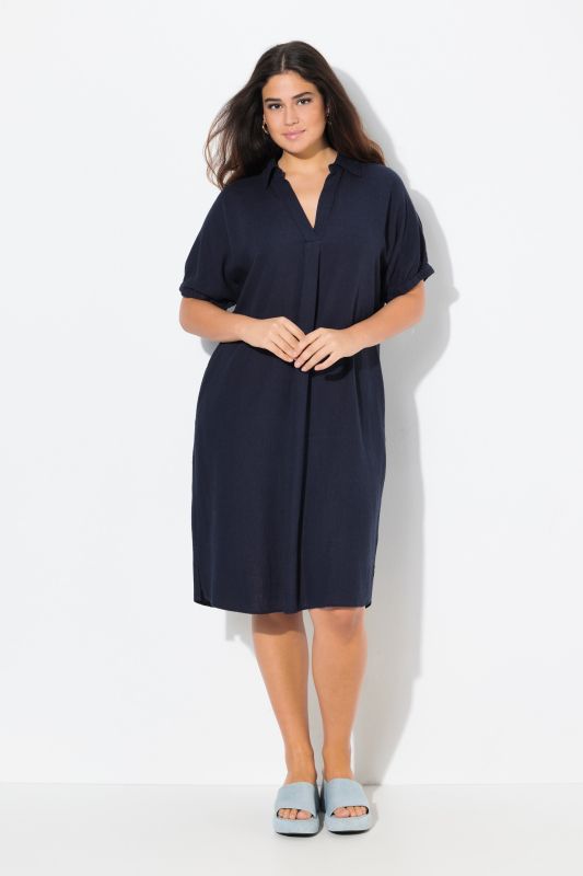 Linen Blend Short Sleeve V-Neck Dress