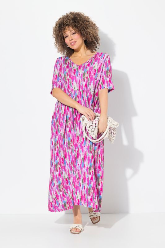 Brushstroke Print Short Sleeve V-Neck Dress