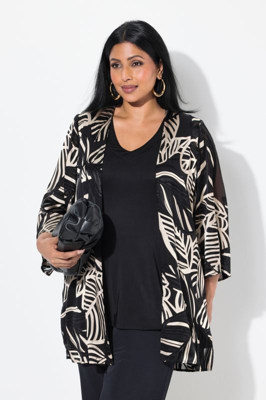 Leaf Print 3/4 Sleeve Chiffon Burnout Jacket