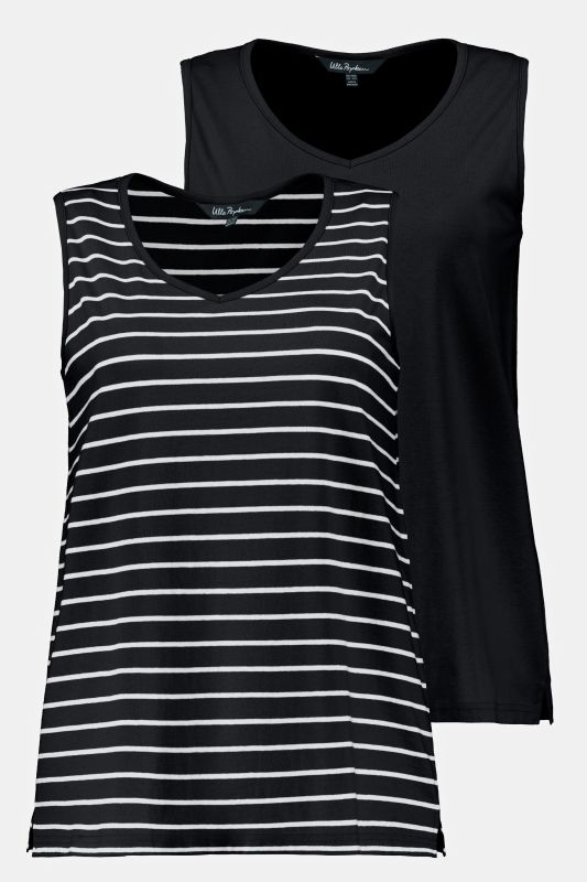 2 Pack of V-Neck Cotton Knit Tanks - Stripe, Solid