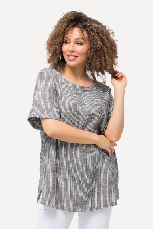 Striped Linen Blend Short Sleeve Blouse