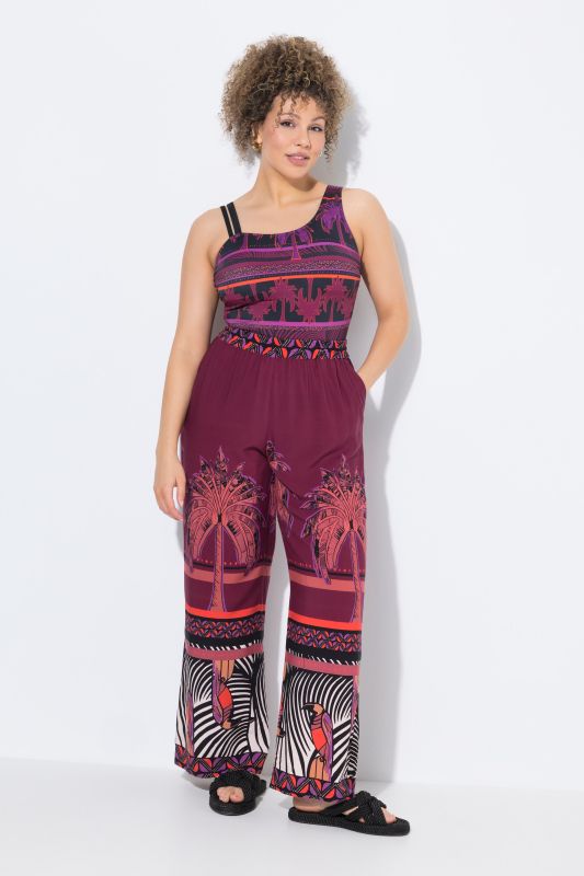 Mixed Palm Print Elastic Waist Palazzo Pants