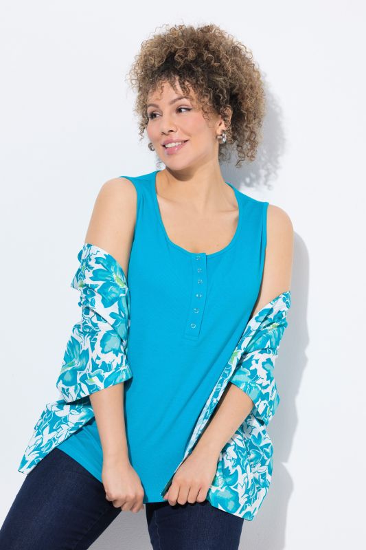 Ribbed Partial Button Placket Tank Top