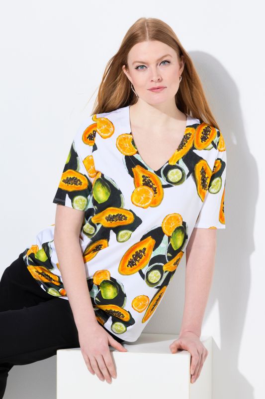 Papaya Print Short Sleeve V-Neck Slinky Tee