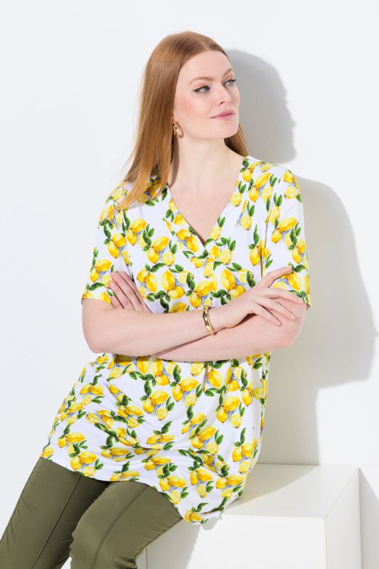 Lemon Print Short Sleeve V-Neck Slinky Knit Tunic