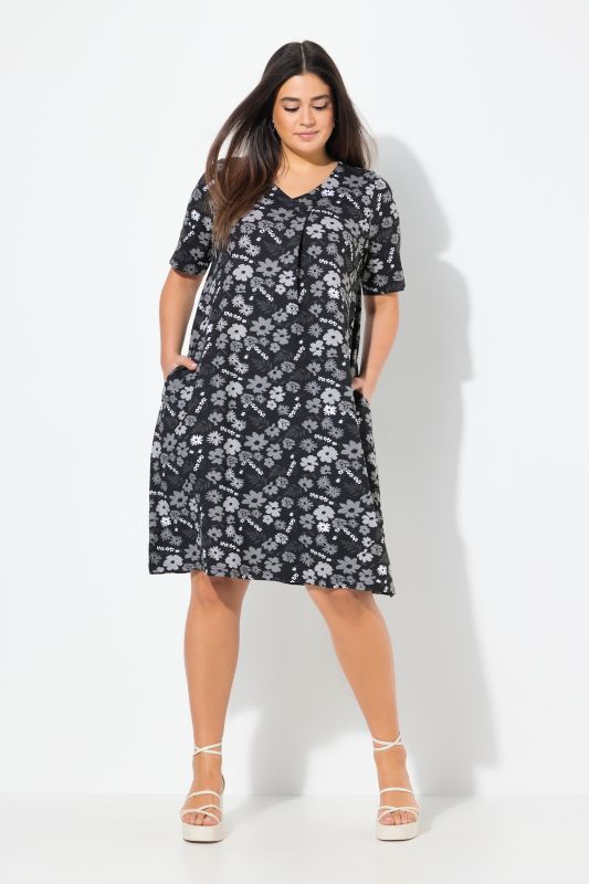 Floral Print Short Sleeve V-Neck Jersey Dress