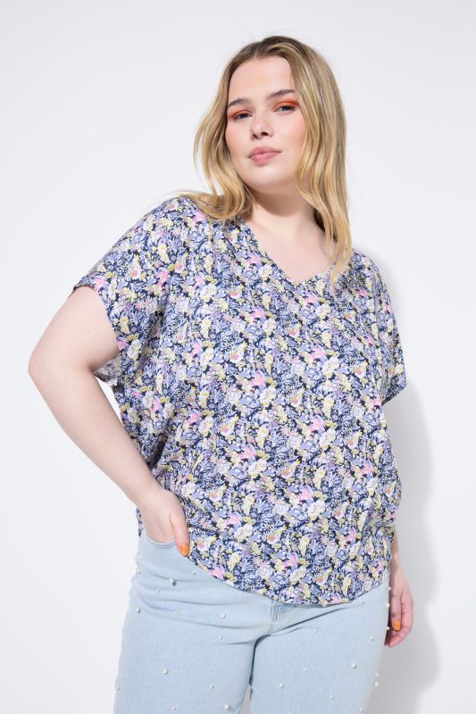 Floral Cap Sleeve V-Neck Blouse