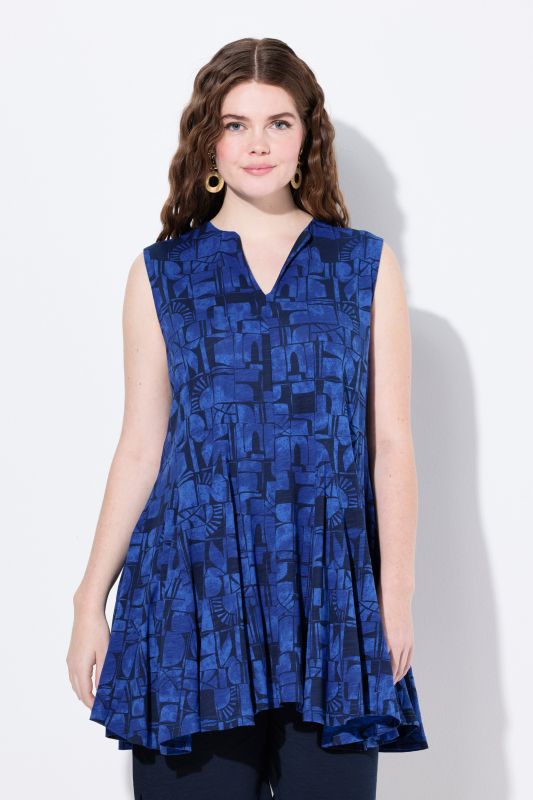 Eco Cotton Abstract Print Godet Pleated Sleeveless Knit Tunic