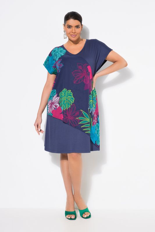 Tropical Leaf Chiffon Panel Cap Sleeve Dress