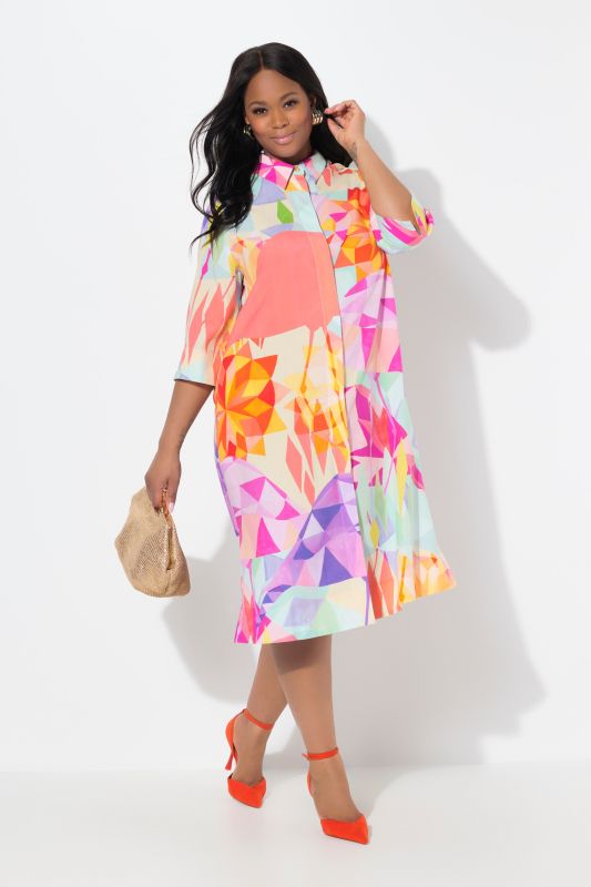 Flamingo Print 3/4 Sleeve Button Down Dress