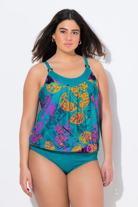 Vibrant Leaf Print Elastic Hem Tankini Set