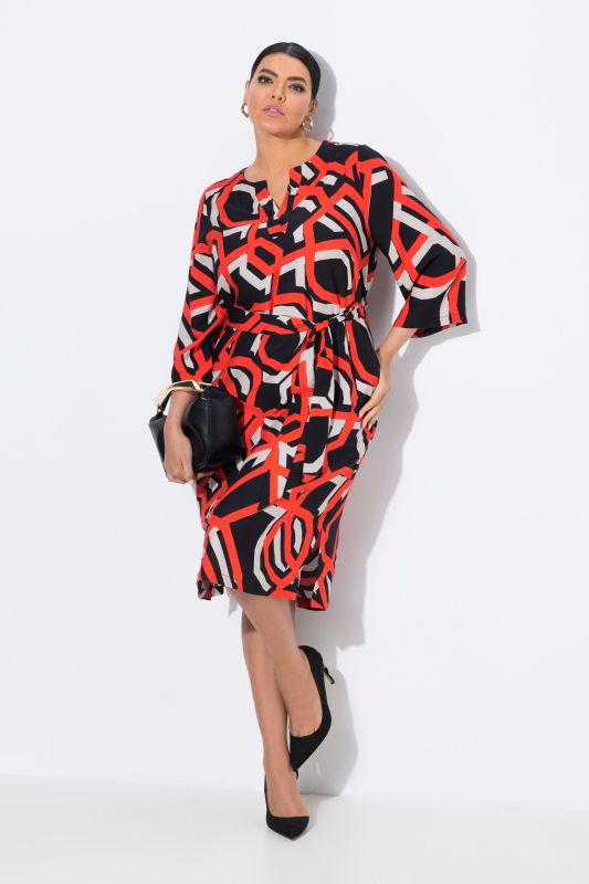 Geometric Print Split Neck Tie Belt Dress