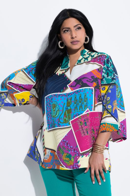 Postcard Print 3/4 Sleeve Blouse