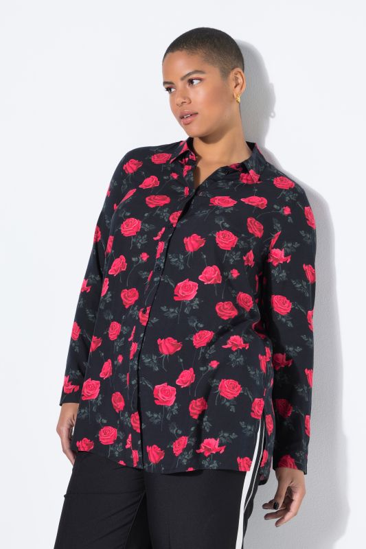 Rose Print Long Sleeve Button Down Blouse