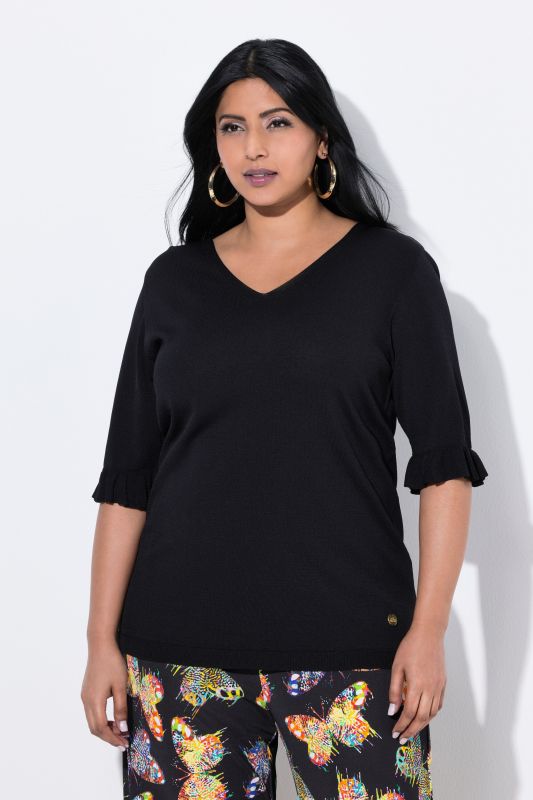 Ruffle Cuff 3/4 Sleeve V-Neck Sweater